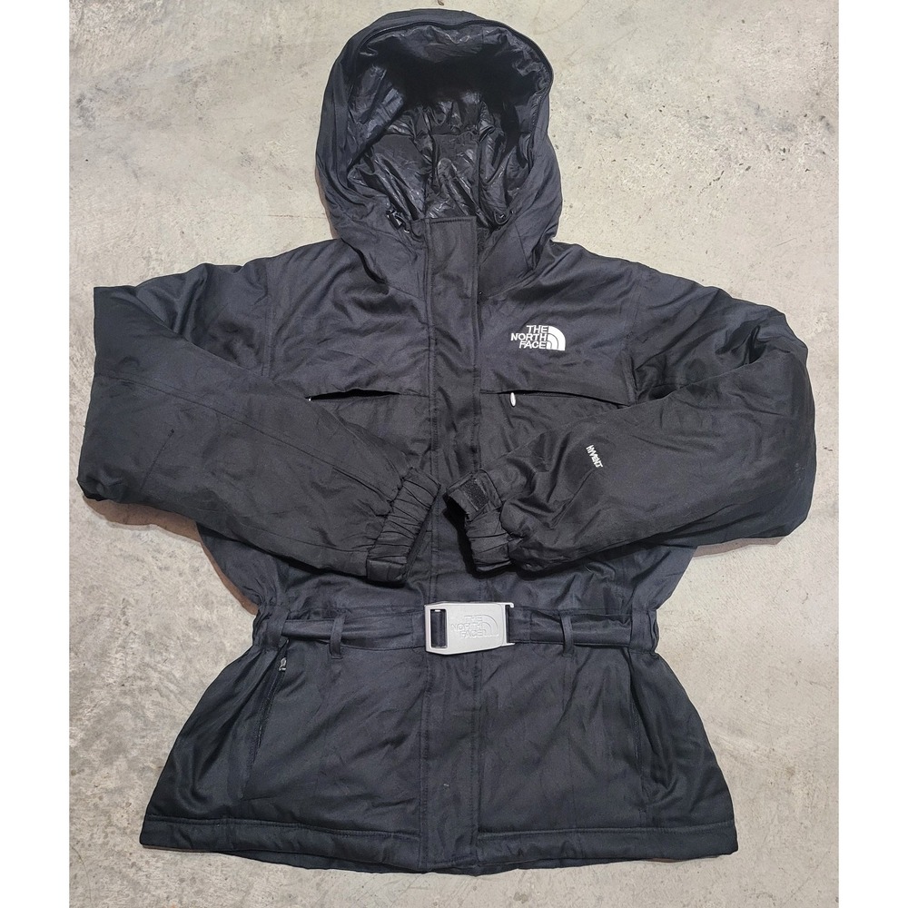 Womens The North Face Medium M HyVent Goose Down Belted Jacket Black Y2K